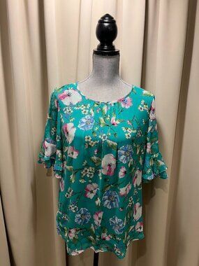 Sara Michelle Bright Green Woven Polyester Floral Blouse with Keyhole Sleeve